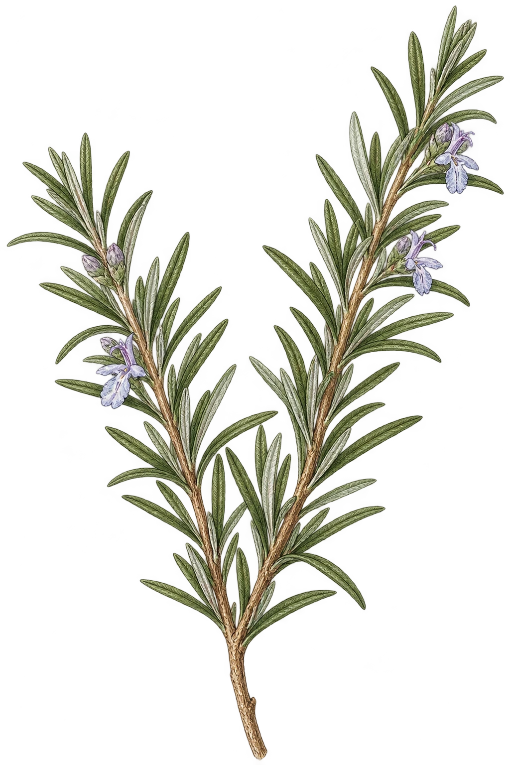 Decorative watercolor study of a rosemary sprig with slender leaves and pale violet flowers.