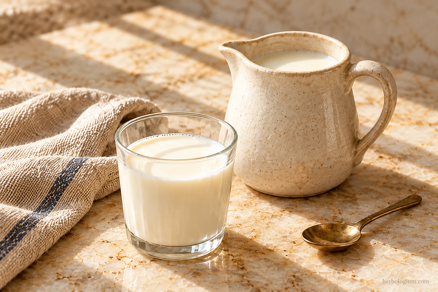 AI-generated still life of an ivory milk pitcher and glass of milk on Taj Mahal quartzite with flax linen and a brass spoon.