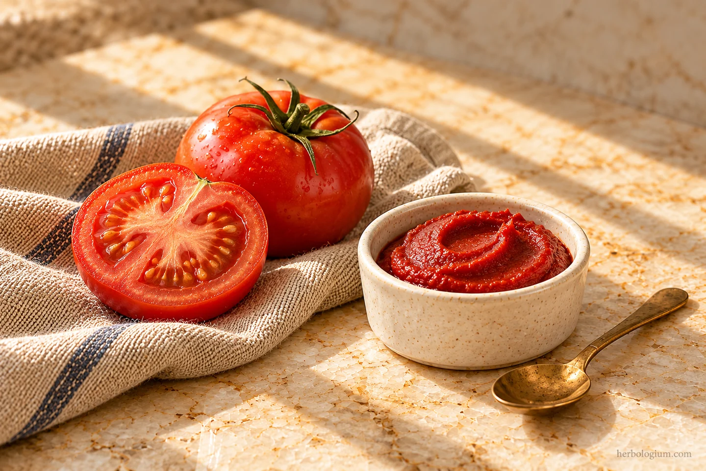 AI-generated still life of a whole and halved tomato beside tomato paste in an ivory bowl on Taj Mahal quartzite with linen and brass.