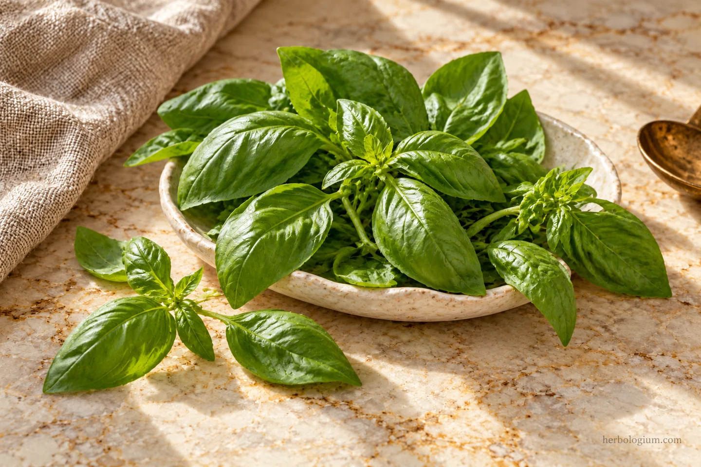 AI-generated ingredient still life of fresh basil leaves in an ivory dish on Taj Mahal quartzite.