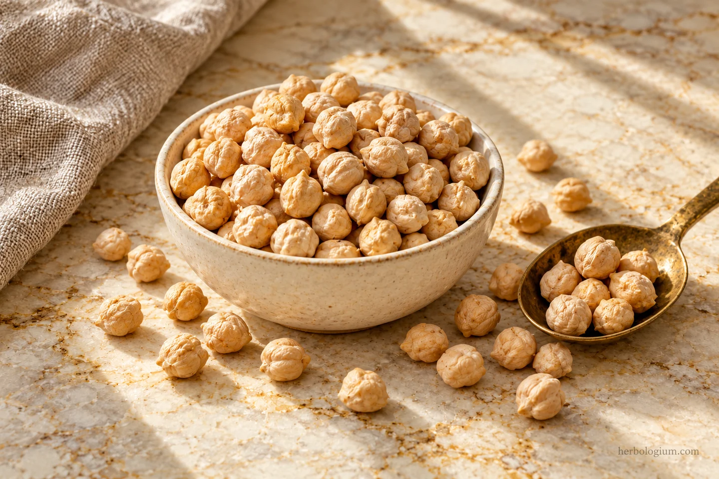 AI-generated ingredient still life of dry chickpeas in an ivory bowl with a brass spoon and flax linen.