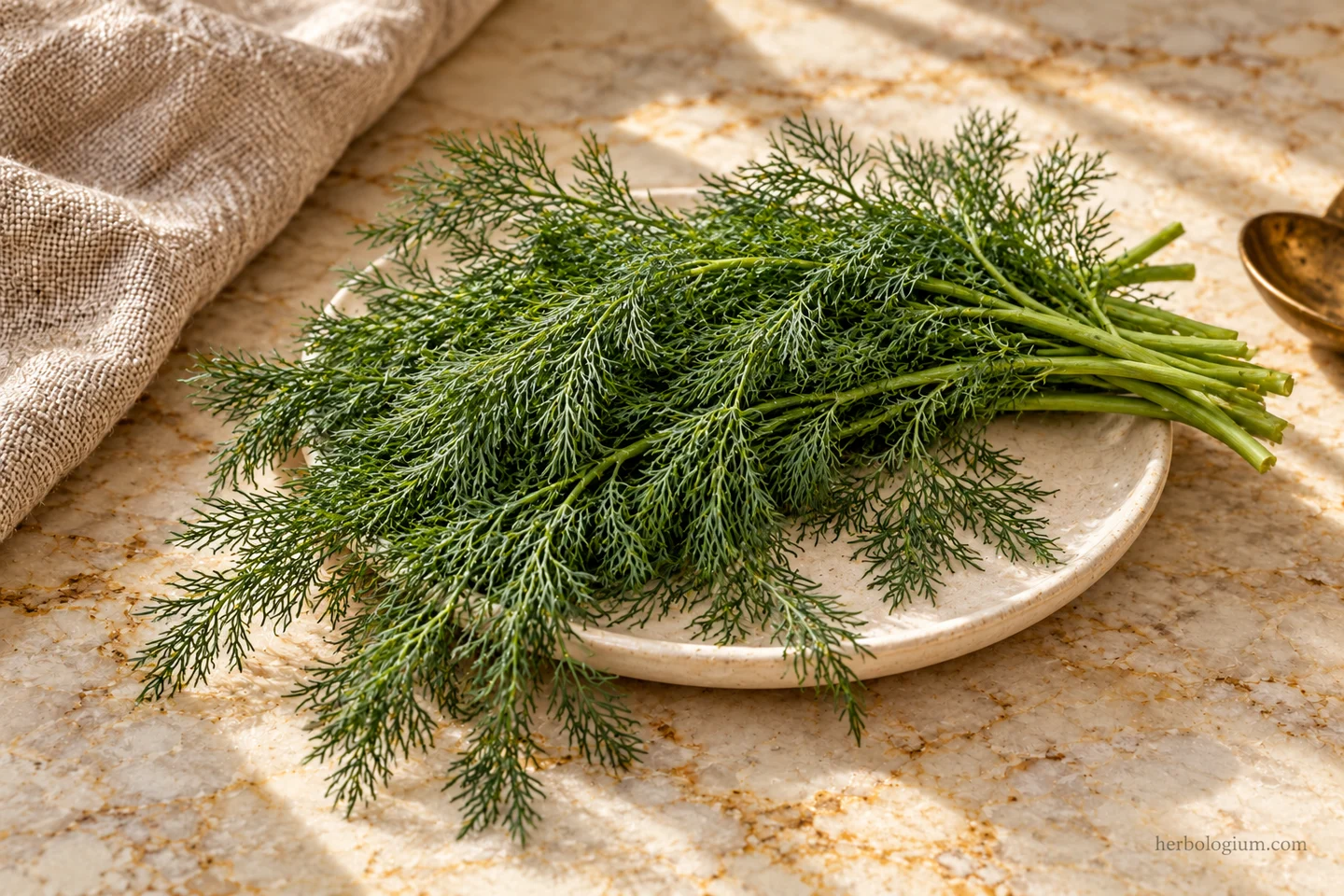 AI-generated ingredient still life of feathery dill fronds on an ivory platter beside flax linen.
