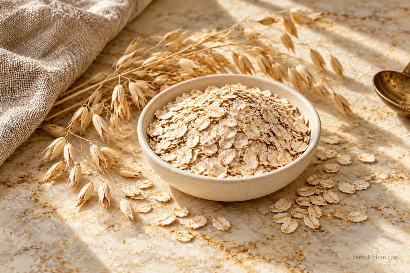 AI-generated ingredient still life of rolled oats in an ivory bowl and dried oat panicles on Taj Mahal quartzite.