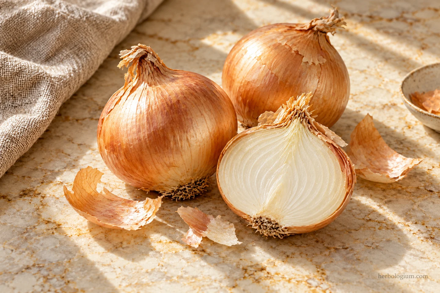 AI-generated ingredient still life of whole golden onions and a halved onion on Taj Mahal quartzite.