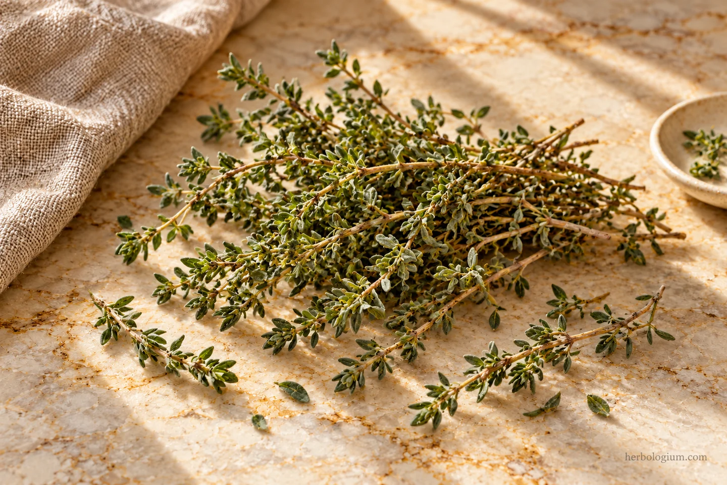 AI-generated ingredient still life of small-leaved thyme sprigs on Taj Mahal quartzite beside flax linen.