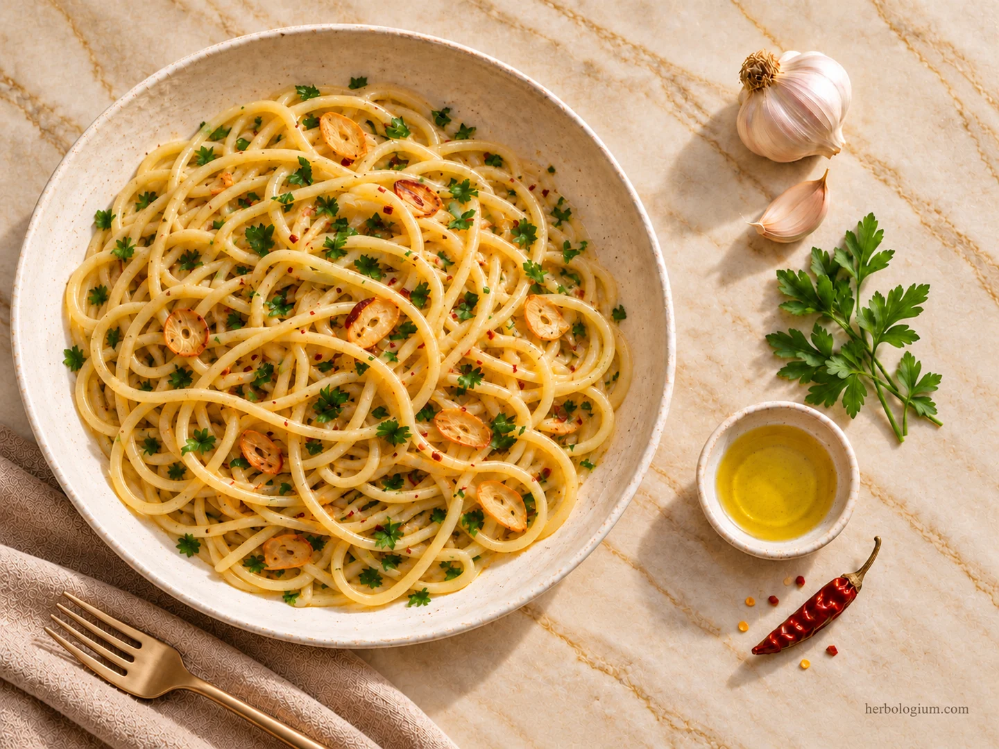 AI-generated serving illustration of spaghetti aglio e olio beside garlic, parsley, olive oil and a dried chili on Taj Mahal quartzite, with flax linen and a brass fork.