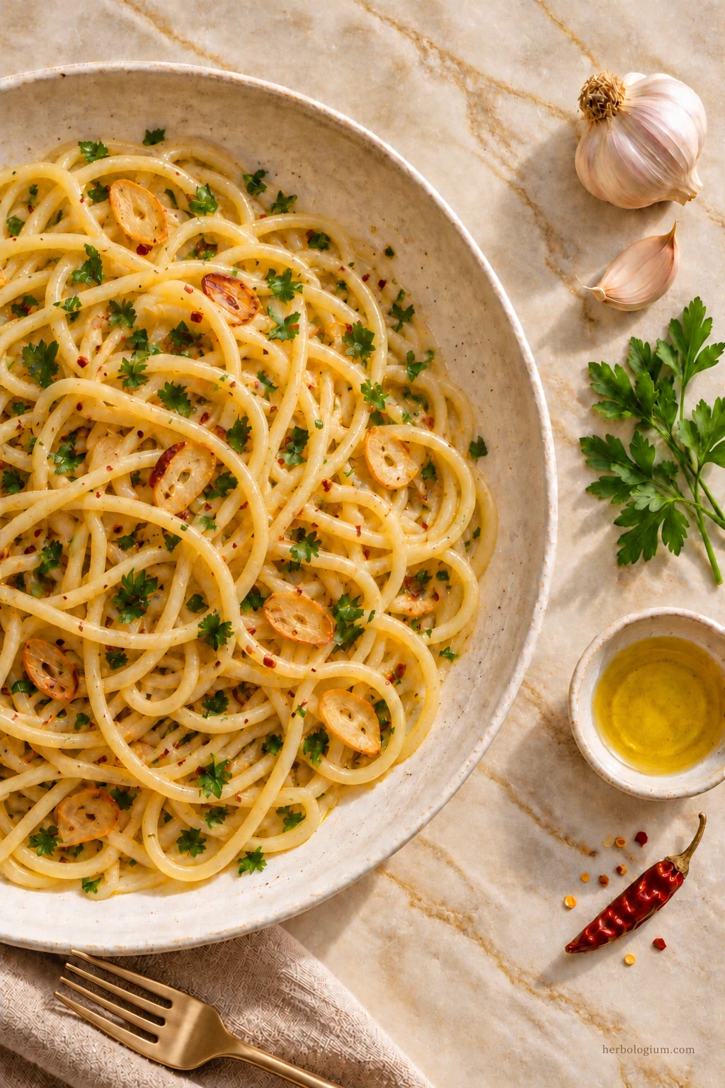 AI-generated serving illustration of spaghetti aglio e olio beside garlic, parsley, olive oil and a dried chili on Taj Mahal quartzite, with flax linen and a brass fork.