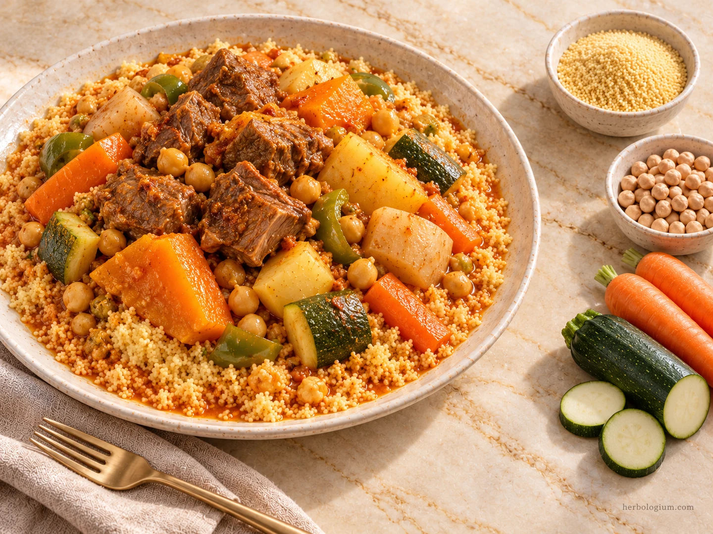 AI-generated serving illustration of algerian couscous with meat and vegetables with selected recipe ingredients on Taj Mahal quartzite, with flax linen and a brass utensil.