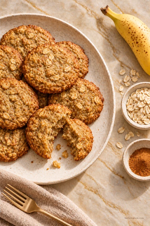 AI-generated serving illustration of banana and oatmeal cookies with selected recipe ingredients on Taj Mahal quartzite, with flax linen and a brass utensil.