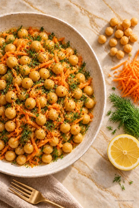 AI-generated serving illustration of chickpea, carrot and dill salad with selected recipe ingredients on Taj Mahal quartzite, with flax linen and a brass utensil.