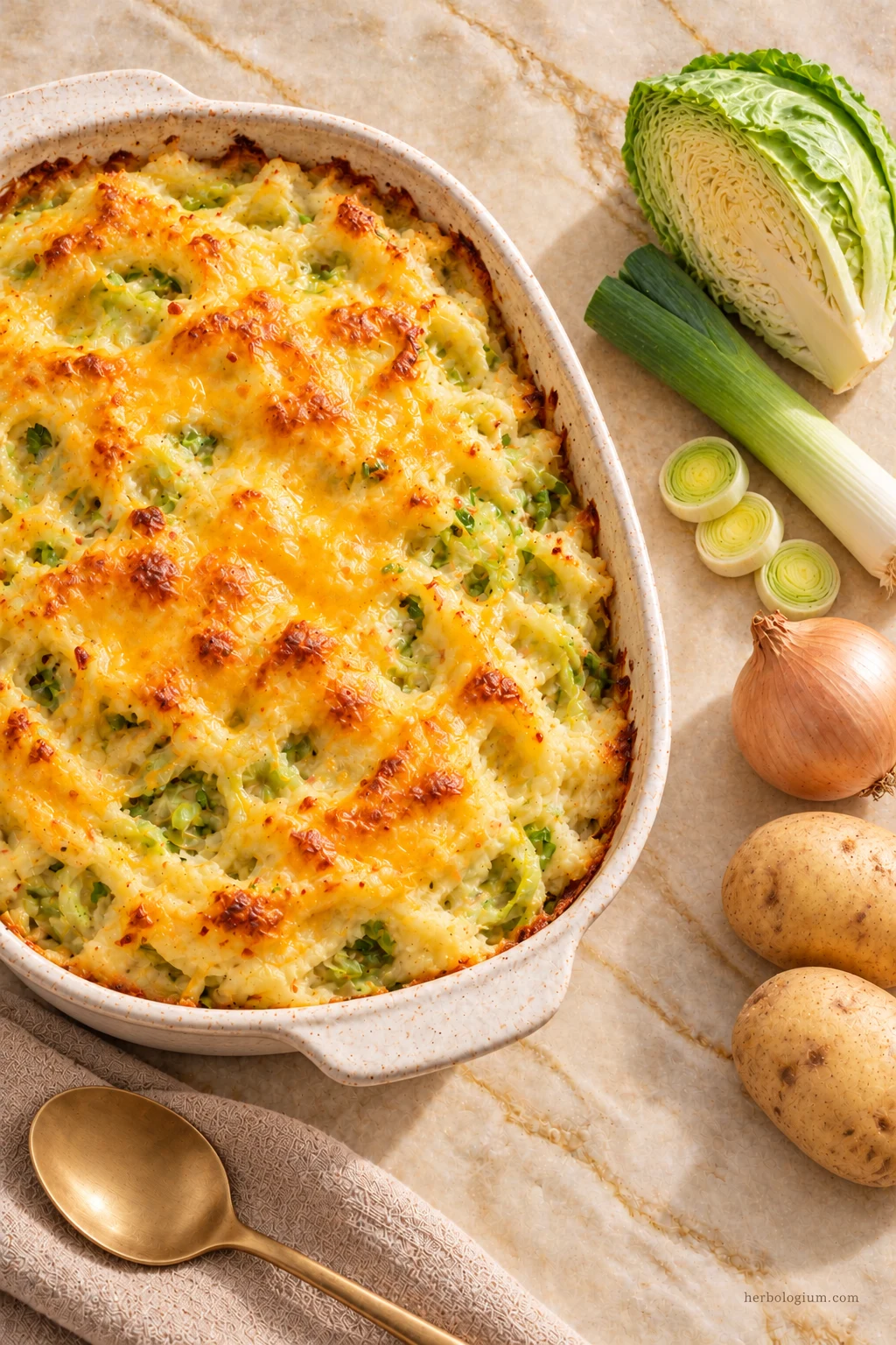 AI-generated serving illustration of colcannon bake with selected recipe ingredients on Taj Mahal quartzite, with flax linen and a brass utensil.