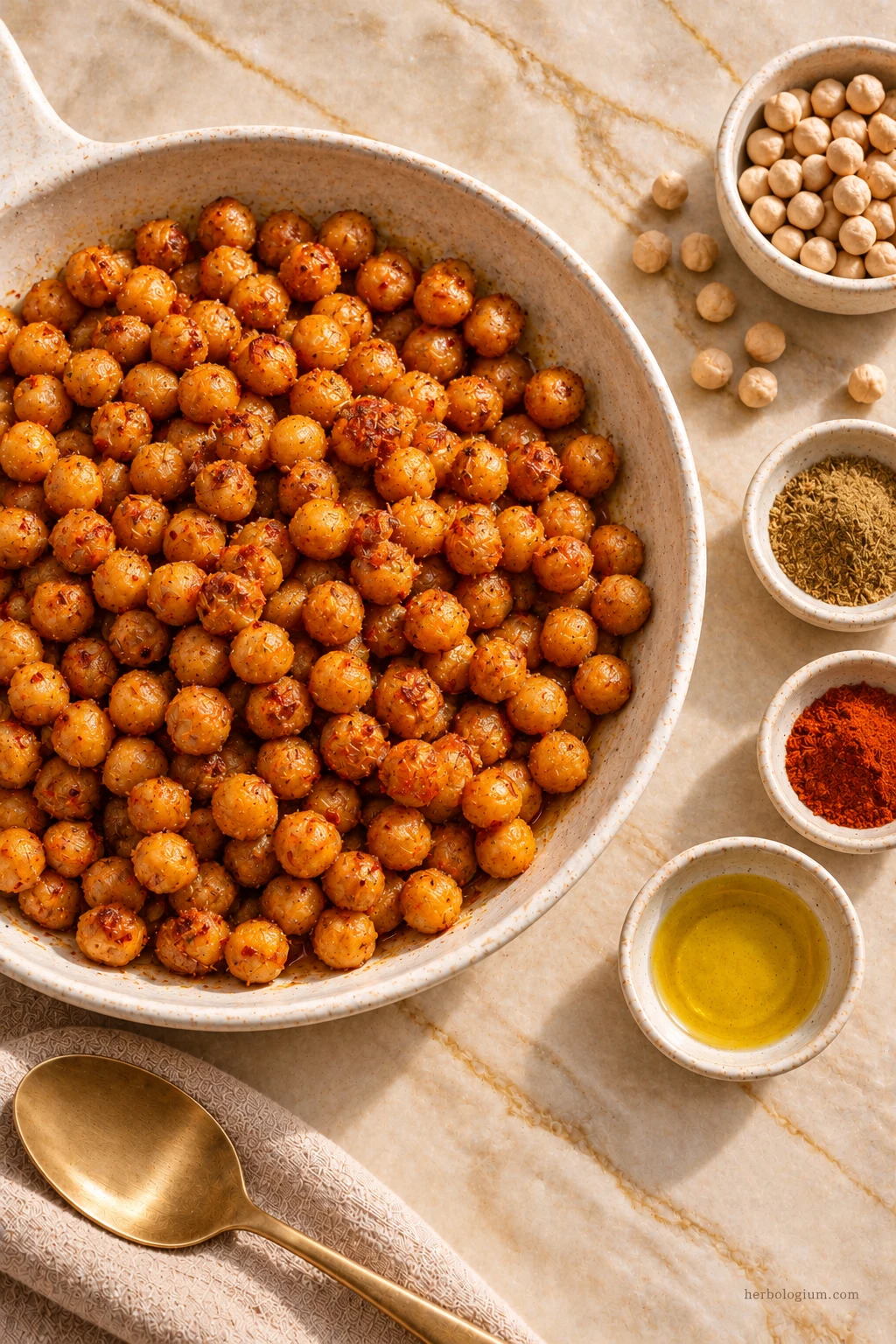 AI-generated serving illustration of spiced chickpeas in a pan with selected recipe ingredients on Taj Mahal quartzite, with flax linen and a brass utensil.