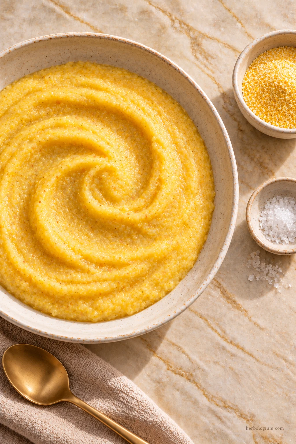AI-generated serving illustration of corn polenta with selected recipe ingredients on Taj Mahal quartzite, with flax linen and a brass utensil.