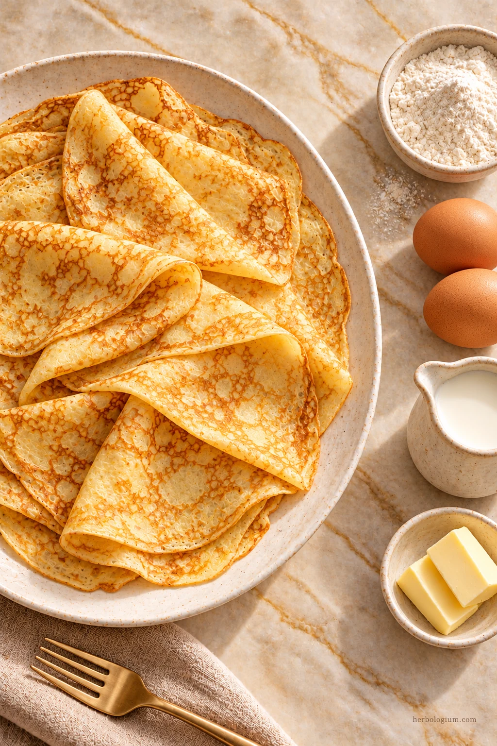 AI-generated serving illustration of danish pancake with selected recipe ingredients on Taj Mahal quartzite, with flax linen and a brass utensil.
