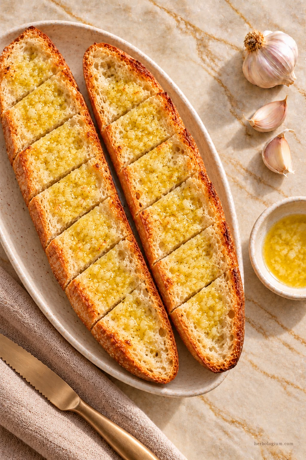 AI-generated serving illustration of garlic bread with selected recipe ingredients on Taj Mahal quartzite, with flax linen and a brass utensil.