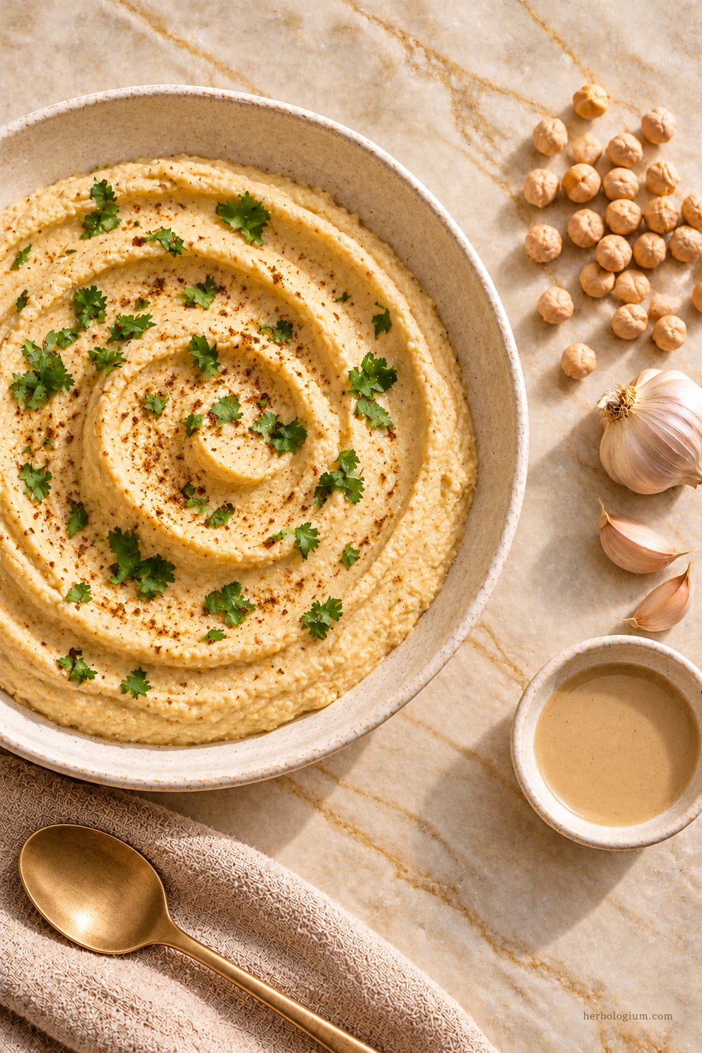 AI-generated serving illustration of hummus from dried chickpeas with selected recipe ingredients on Taj Mahal quartzite, with flax linen and a brass utensil.
