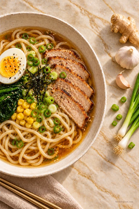 AI-generated serving illustration of japanese noodle soup with selected recipe ingredients on Taj Mahal quartzite, with flax linen and a brass utensil.