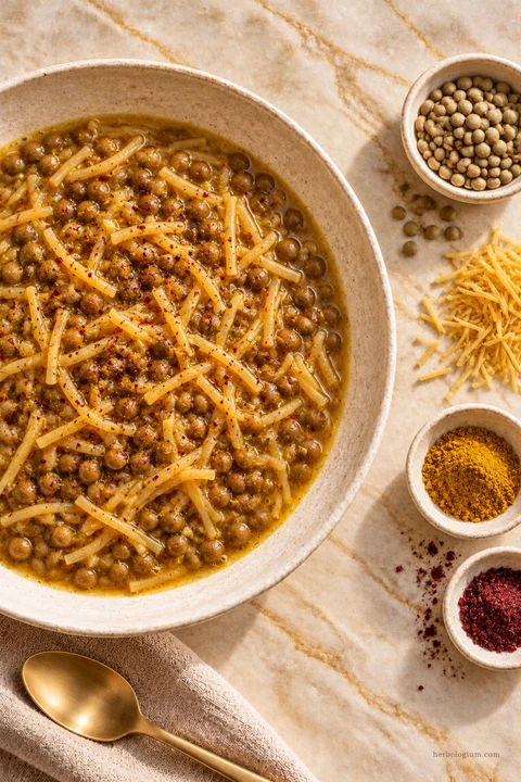 AI-generated serving illustration of lenten lentil curry with selected recipe ingredients on Taj Mahal quartzite, with flax linen and a brass utensil.