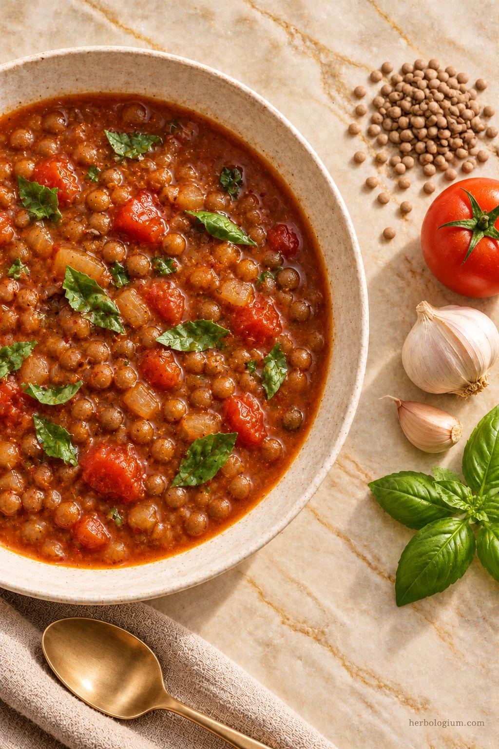 AI-generated serving illustration of lentil soup with tomato and basil with selected recipe ingredients on Taj Mahal quartzite, with flax linen and a brass utensil.