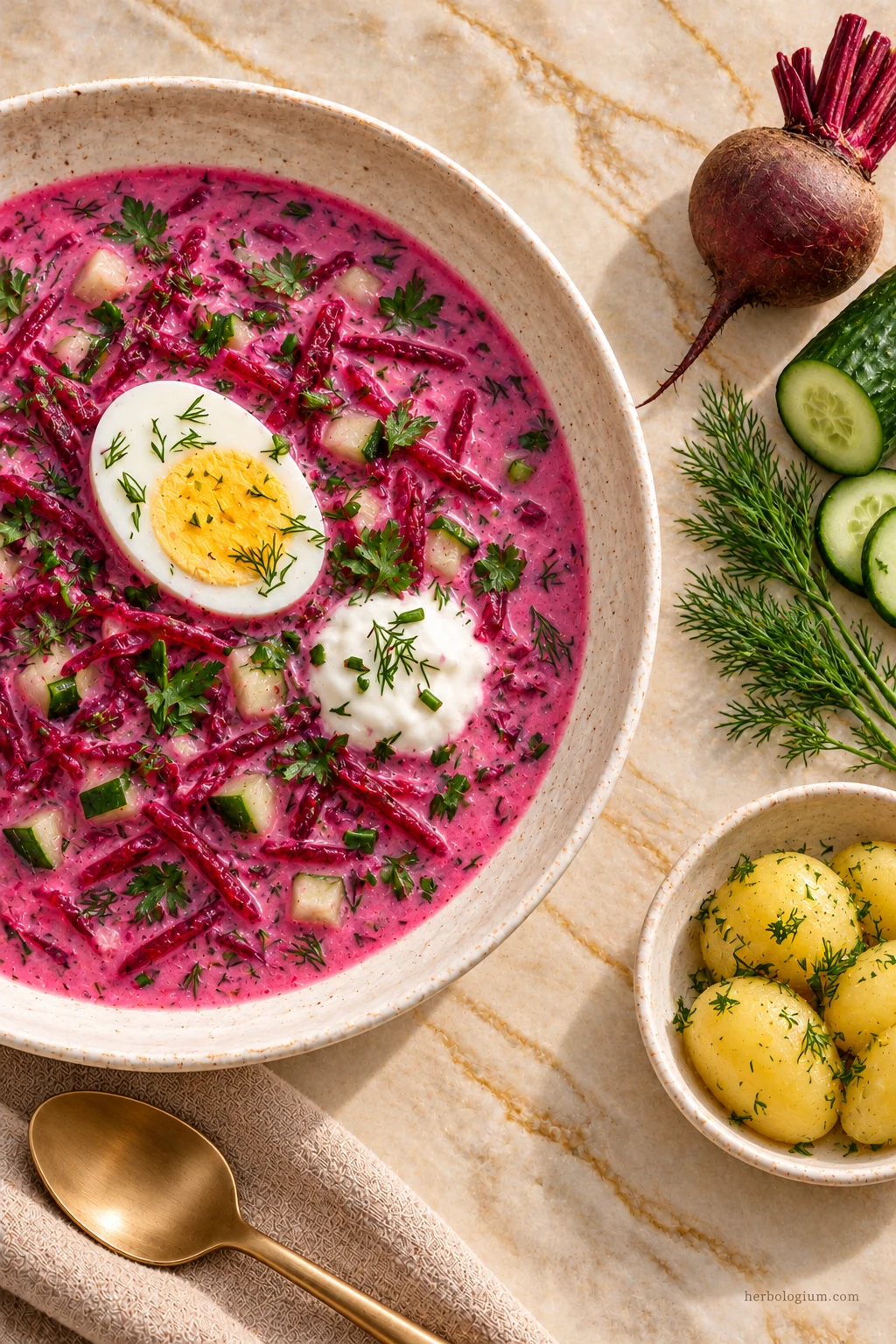 AI-generated serving illustration of lithuanian cold borscht with selected recipe ingredients on Taj Mahal quartzite, with flax linen and a brass utensil.