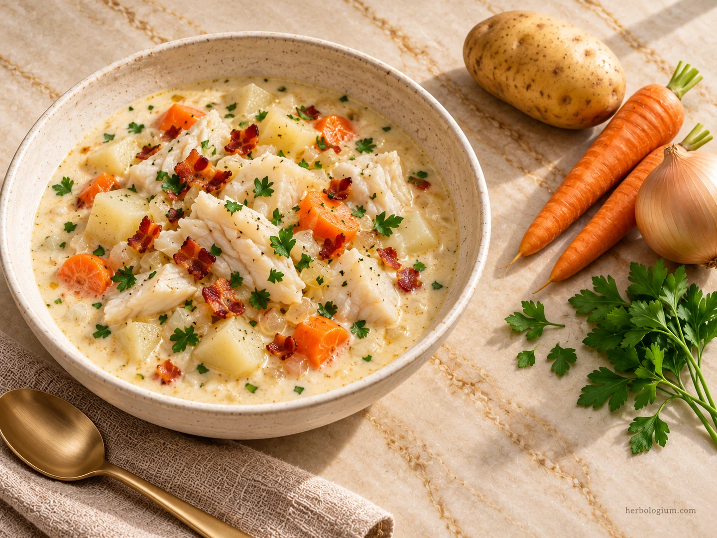 AI-generated serving illustration of newfoundland cod chowder with selected recipe ingredients on Taj Mahal quartzite, with flax linen and a brass utensil.