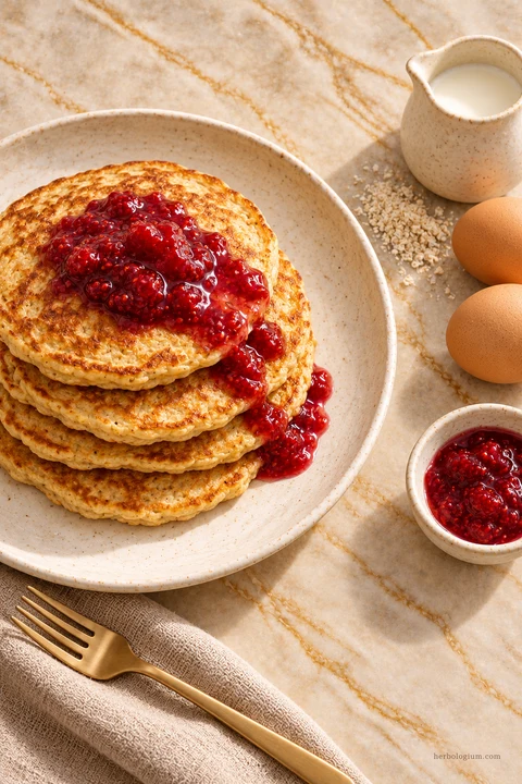 AI-generated serving illustration of oatmeal pancakes with selected recipe ingredients on Taj Mahal quartzite, with flax linen and a brass utensil.