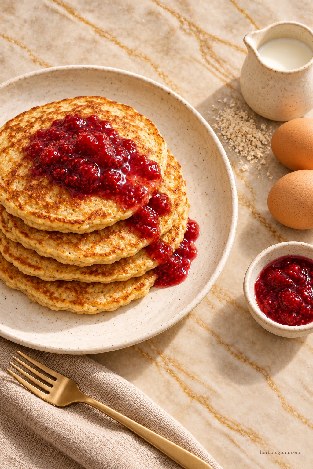 AI-generated serving illustration of oatmeal pancakes with selected recipe ingredients on Taj Mahal quartzite, with flax linen and a brass utensil.