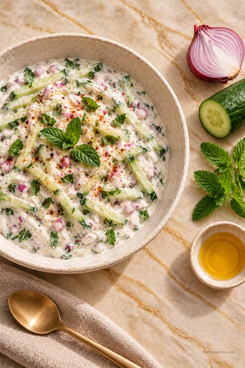 AI-generated serving illustration of onion raitha with selected recipe ingredients on Taj Mahal quartzite, with flax linen and a brass utensil.