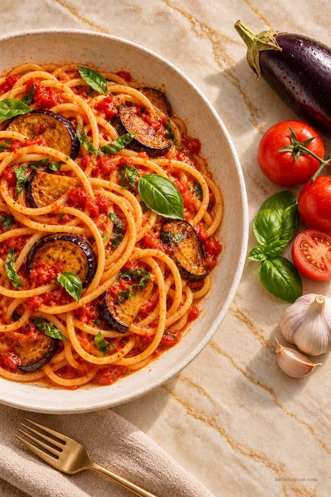 AI-generated serving illustration of pasta alla norma with selected recipe ingredients on Taj Mahal quartzite, with flax linen and a brass utensil.