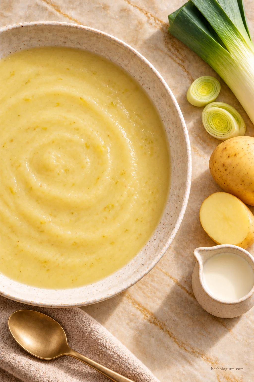 AI-generated serving illustration of potato leek soup with selected recipe ingredients on Taj Mahal quartzite, with flax linen and a brass utensil.