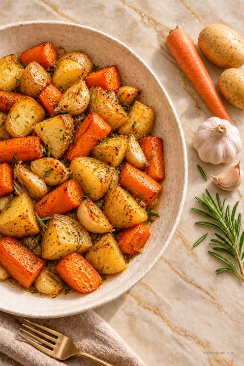 AI-generated serving illustration of rosemary-roasted roots with selected recipe ingredients on Taj Mahal quartzite, with flax linen and a brass utensil.