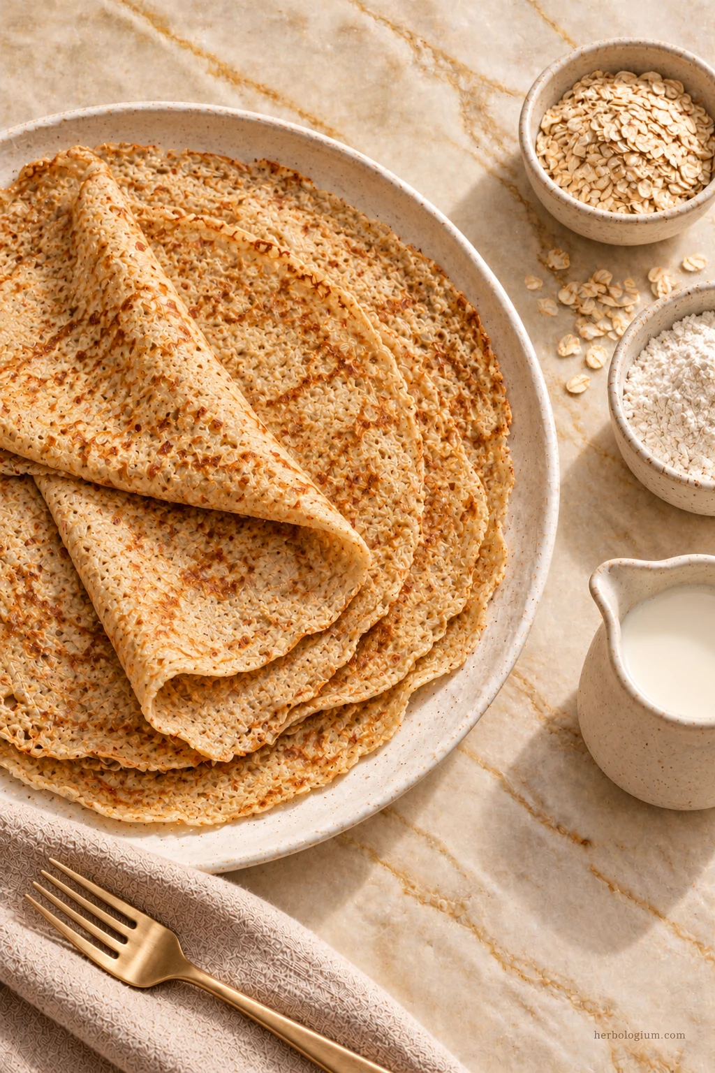 AI-generated serving illustration of north staffordshire oatcakes with selected recipe ingredients on Taj Mahal quartzite, with flax linen and a brass utensil.