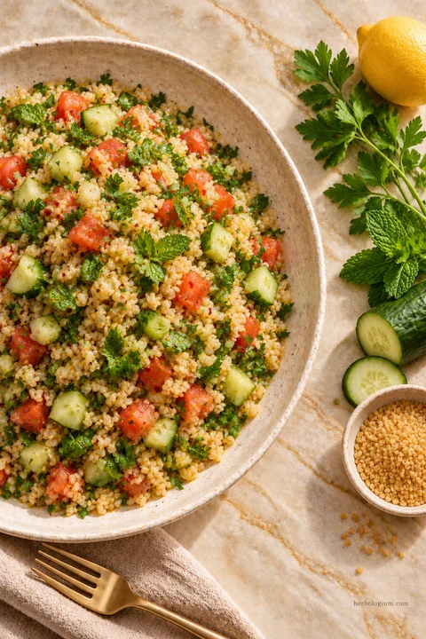 AI-generated serving illustration of tabouleh with selected recipe ingredients on Taj Mahal quartzite, with flax linen and a brass utensil.