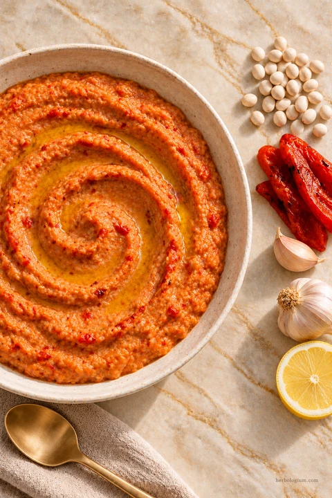AI-generated serving illustration of tepary bean and roasted pepper dip with selected recipe ingredients on Taj Mahal quartzite, with flax linen and a brass utensil.