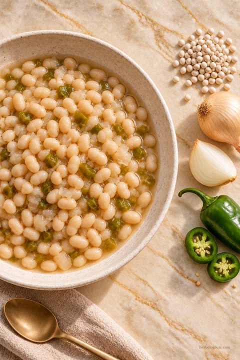 AI-generated serving illustration of cooked tepary beans with onion and chile with selected recipe ingredients on Taj Mahal quartzite, with flax linen and a brass utensil.