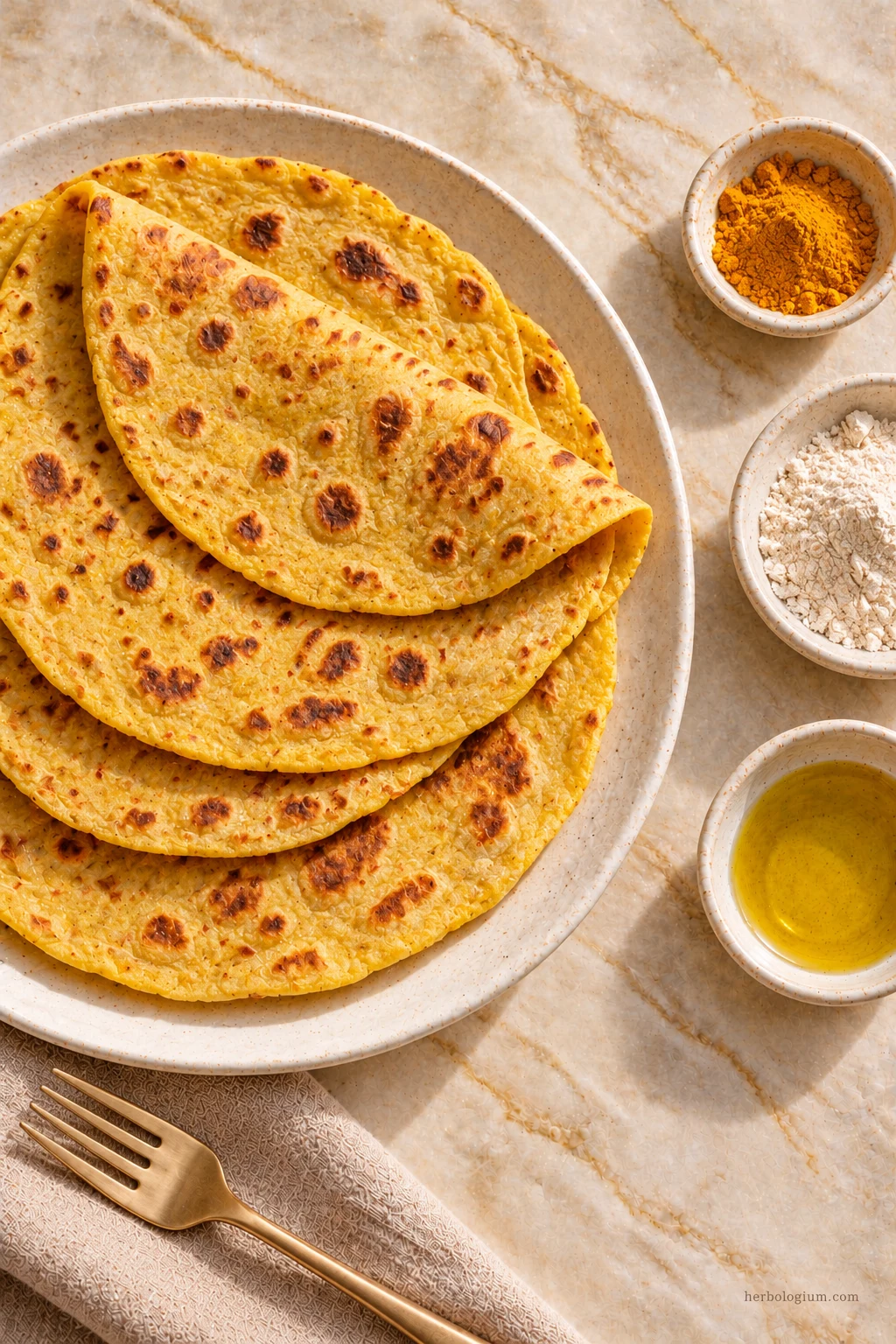 AI-generated serving illustration of turmeric flatbread with selected recipe ingredients on Taj Mahal quartzite, with flax linen and a brass utensil.