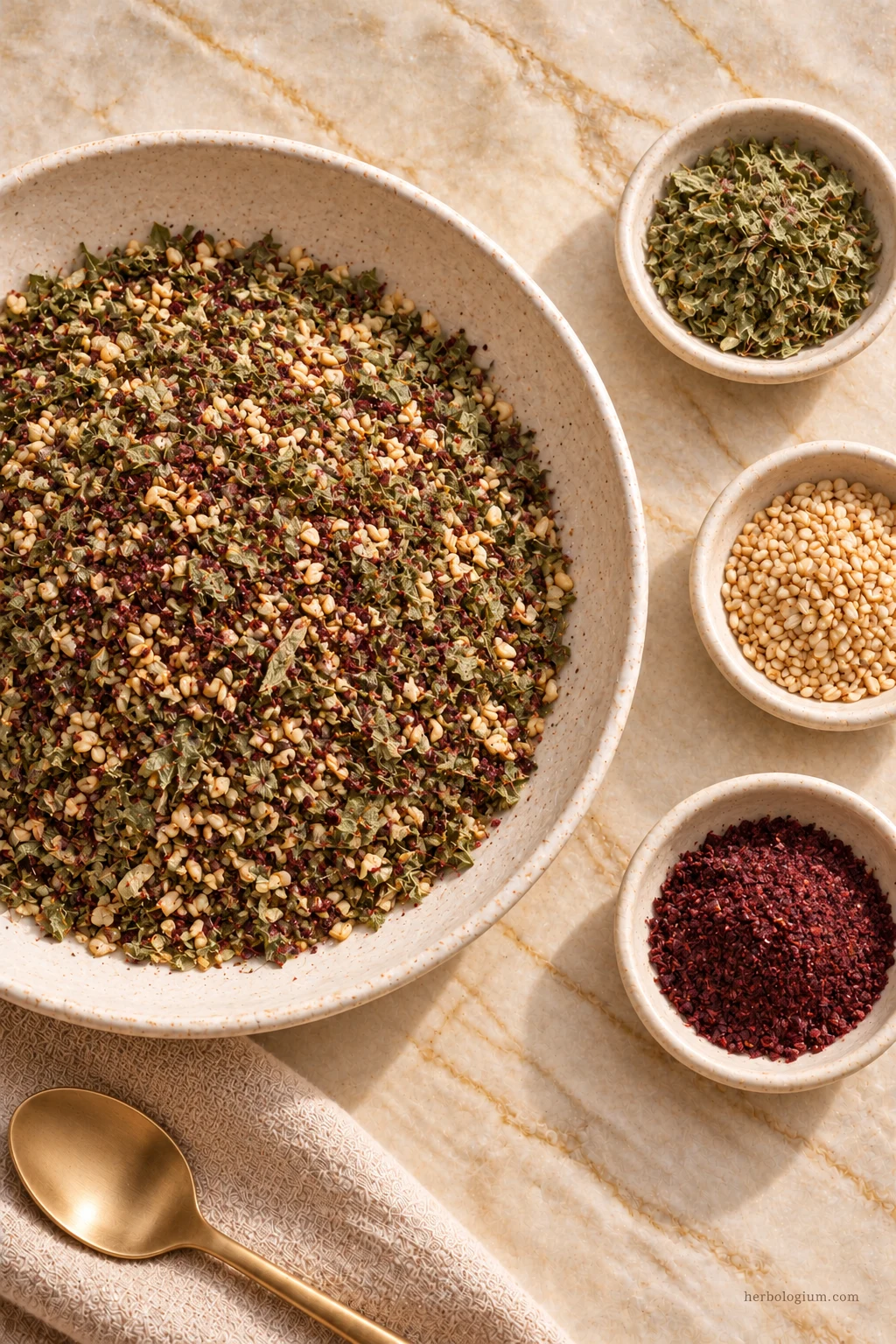 AI-generated serving illustration of zaatar with selected recipe ingredients on Taj Mahal quartzite, with flax linen and a brass utensil.